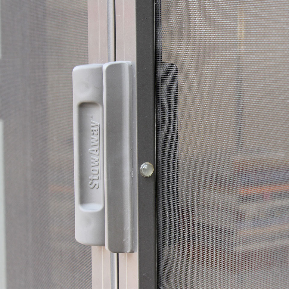 Closeup of door screen and handle
