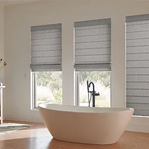 Window coverings behind tub