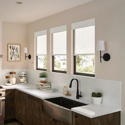 Vanity below windows with custom window shades